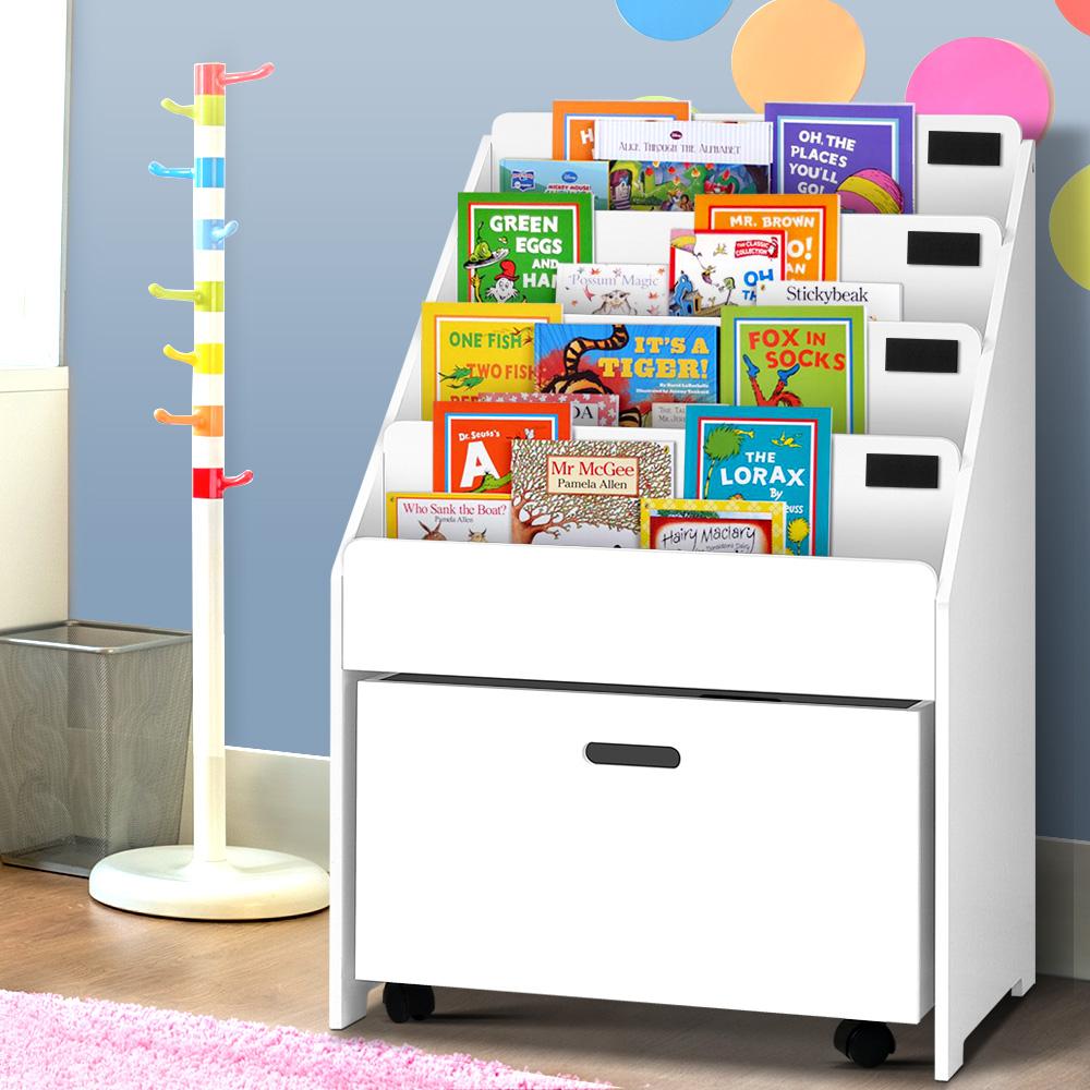 Keezi Kids White Bookshelf featuring four tiers, chalkboard labels, and a removable storage box, designed for children's safety and organization.